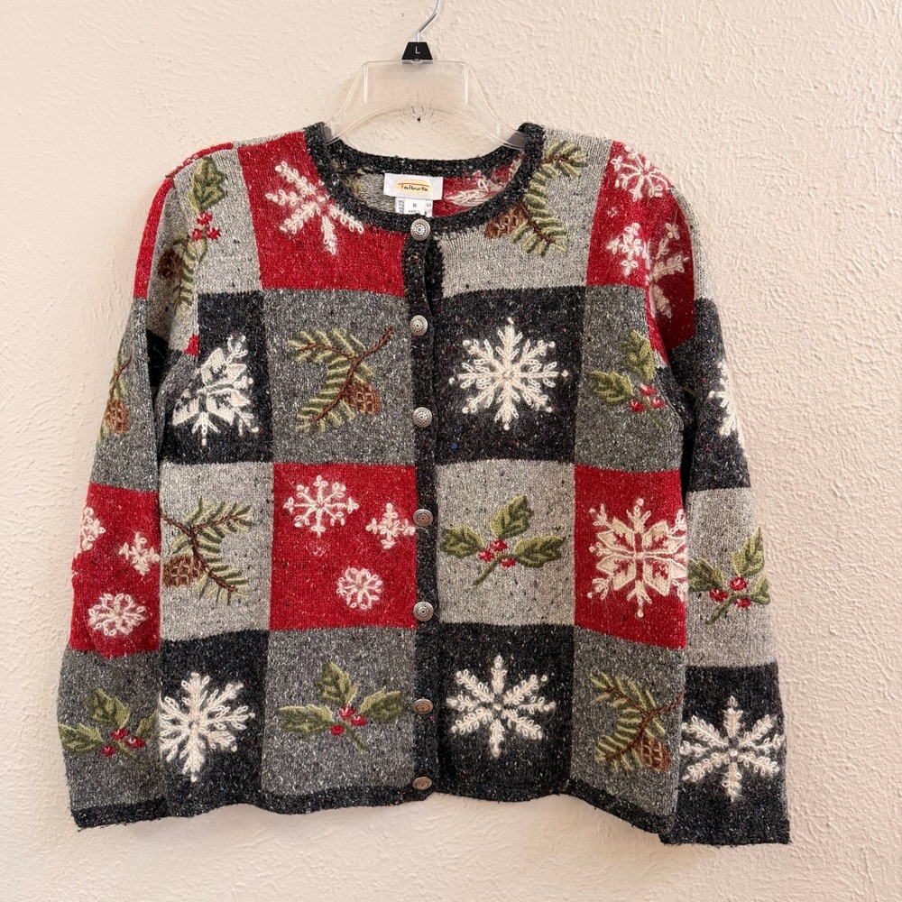 Talbots patchwork snowflake wool blend cardigan - image 1